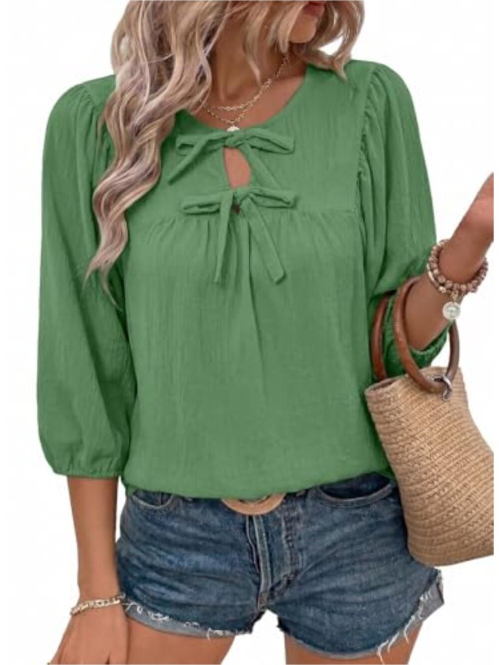 Womens Babydoll Blouse 3/4 Sleeve Bow Tie Neck Dressy Casual Top